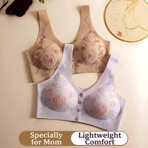 Women's New Chinese Style Front Closure Bra Wireless Embroidered Floral Push Up Seamless Comfortable Bralette Lingerie