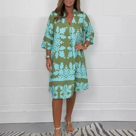 Damen V-Ausschnitt Blumendruck Kleid Vintage Dreiviertelarm Midi A-Linie Lässig Polyester Herbstkleid Für Frauen Mode