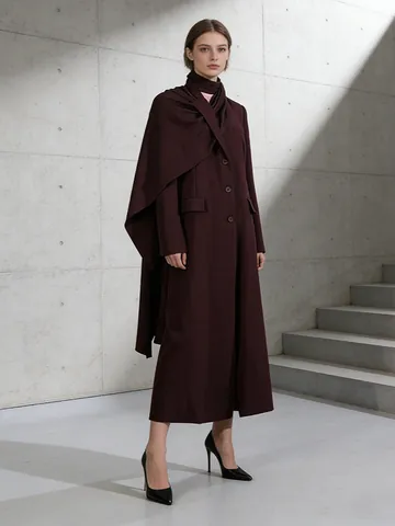 Trench Lungo da Donna Design Coreano Collo a Sciarpa Asimmetrico Temperamento Commuter Tinta Unita Giacca a Vento in Poliestere