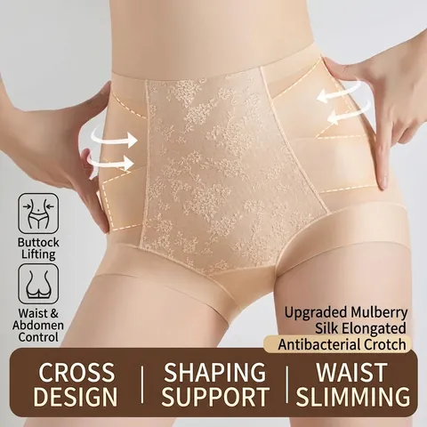 Women High Waist Tummy Control Shapewear Panties Seamless Butt Lifting National Style Embroidered Slimming Underwear Elegant Briefs