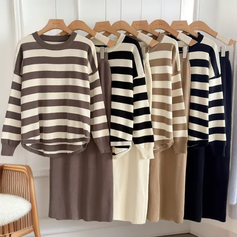 Women Knitted Top And Bottom Striped Long Sleeve Sweater And High Waist Midi Skirt Autumn Winter Fashion Commuter Outfit