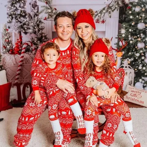Kerst Gezinsovereenkomst Pyjamaset Rood Ijsbeer Sneeuwvlok Bedrukt Top And Bottom Nachtkleding Voor Heren Dames Kinderen Baby