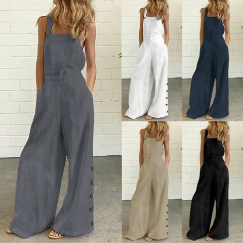 Women's Casual Sleeveless Wide Leg Jumpsuit With Side Buttons Pockets Solid Color Cotton Blend Summer Long Jumpsuit Outfit