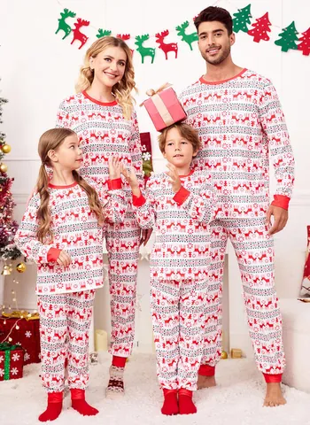 Kerst Familie Pyjama Top En Bottom Rendier Sneeuwvlok Print Lange Mouw Ronde Hals Homewear Voor Heren Dames Kinderen