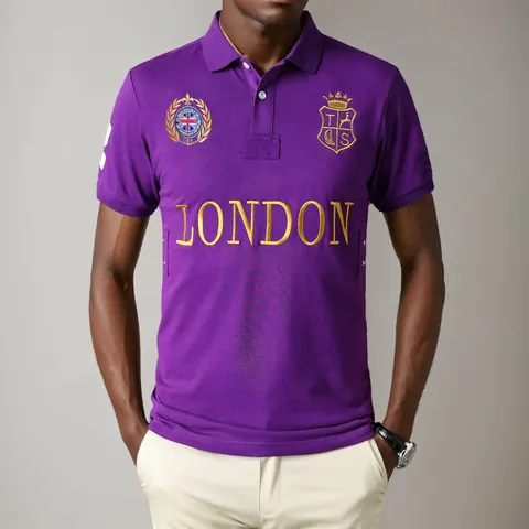 Men's 100% Cotton Short Sleeve Polo Shirt With Heraldic Embroidery Casual Sporty Style Top Breathable Loose Fit Golf Shirt