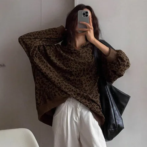 Women's Vintage Leopard Print Corduroy Hoodie American High Street Oversized Hooded Sweatshirt Pullover Long Sleeve Top
