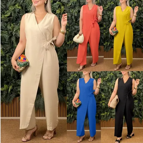 Women's Casual Cotton Linen Jumpsuit V-Neck Sleeveless Short Sleeve Wide Leg One-Piece Fashion Tie-Waist Romper