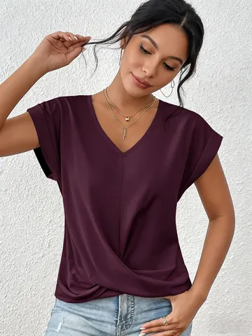 Women Elegant V-Neck Polyester T-Shirt Solid Color Short Sleeve Top With Twist Hem Detail For Summer Casual Daily Wear
