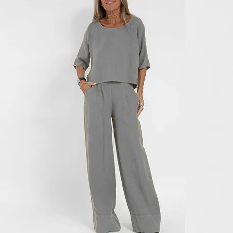 Women Casual Cotton Blend Solid Color Short Sleeve Top And Wide Leg Pants Top And Bottom Summer Commuter Outfit