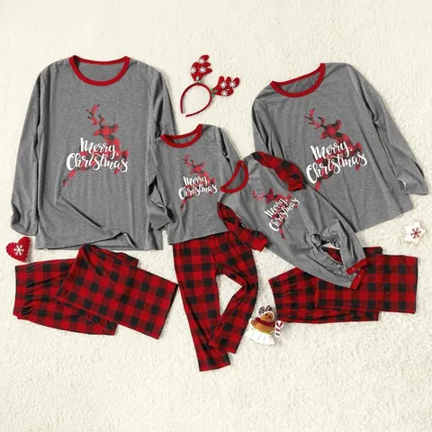 Christmas Reindeer Family Matching Pajamas Set Polyester Merry Christmas Grey Top Red Buffalo Plaid Pants Top And Bottom