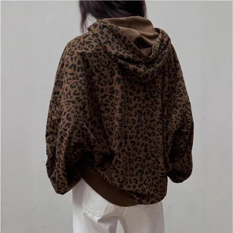Women's Vintage Leopard Print Corduroy Hoodie American High Street Oversized Hooded Sweatshirt Pullover Long Sleeve Top