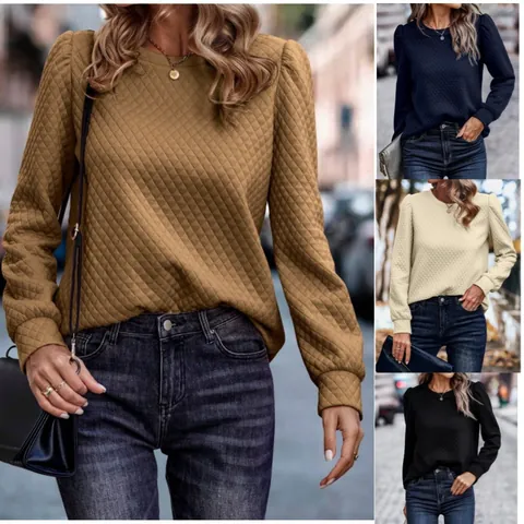 Women Casual Puff Sleeve Diamond Quilted Sweatshirt Round Neck Polyester Pullover Top Autumn Winter Fashion Quilted Texture Top