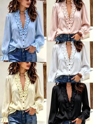 Women French Style V-Neck Ruffle Long Sleeve Blouse Elegant Solid Color Woven Polyester Shirt Casual Fashion Tops For Ladies