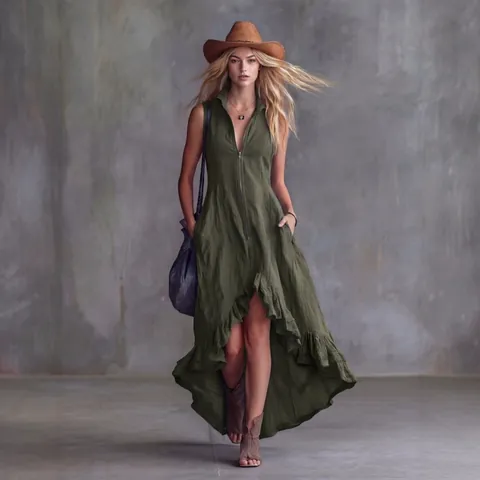 Women's Vintage Front Zipper Maxi Dress Sleeveless Ruffle Hem Solid Color Bohemian Casual Polyester Pleated Dress
