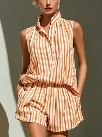 Conjunto de Top y Pantalones Cortos a Rayas sin Mangas para Mujer Cuello en V Casual Ropa de Playa de Vacaciones de Verano
