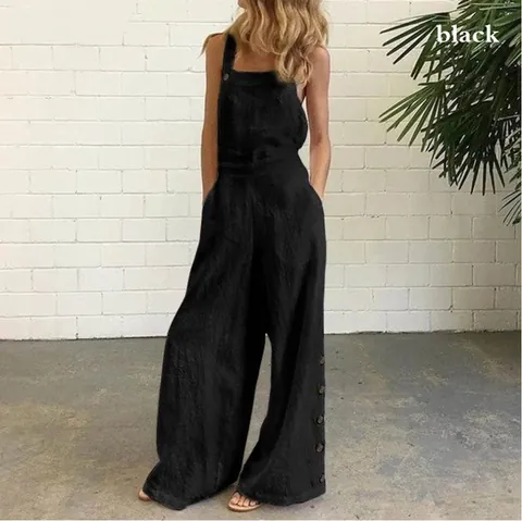 Women's Casual Sleeveless Wide Leg Jumpsuit With Side Buttons Pockets Solid Color Cotton Blend Summer Long Jumpsuit Outfit