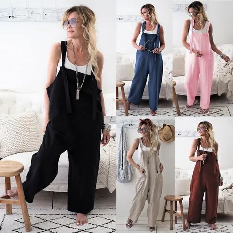 Women's Casual Cotton Linen Plus Size Overalls Jumpsuit With Tie Shoulder Straps And Large Pockets Loose Wide Leg Romper