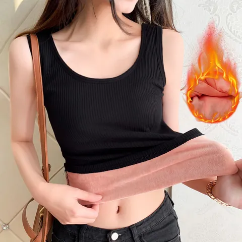 Chaleco Cálido Engrosado con Forro Polar para Mujer Ajustado Acanalado sin Mangas Camiseta de Base Otoño Invierno Térmica