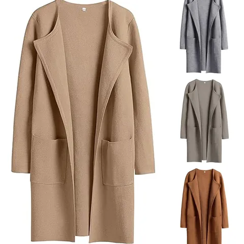 Μοντέρνο Γυναικείο Παλτό με Πέτο Ανοιχτό Μπροστά Μονόχρωμο Μακρύ Μανίκι Χαλαρή Εφαρμογή με Τσέπες Πολυεστέρας Wool Look Παλτό για Φθινόπωρο Χειμώνα