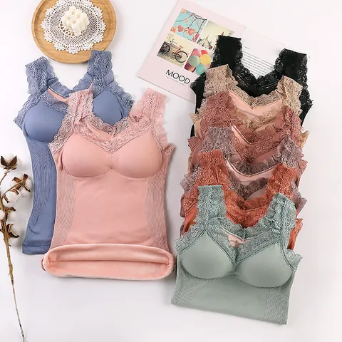 Women Seamless Lace V-Neck Fleece Lined Thermal Vest Built-in Chest Pad Slimming Camisole Nylon Warm Inner Base Layer Top