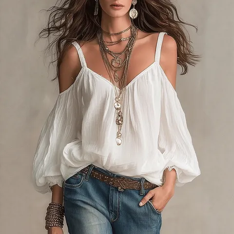 Damen Schulterfreie Camisole Bluse Einfarbig Locker Puffärmel V-Ausschnitt Polyester Elasthan Urlaubs Top