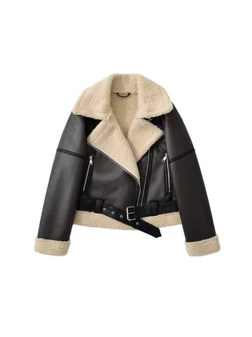 Dames Kunstleer Lammfell Bikerjas Moto Bikerjas Winter Warm PU Suede Bovenkleding Met Bontvoering Top