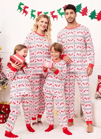Kerst Familie Pyjama Top En Bottom Rendier Sneeuwvlok Print Lange Mouw Ronde Hals Homewear Voor Heren Dames Kinderen