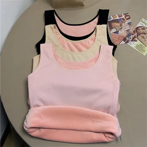 Chaleco Cálido Engrosado con Forro Polar para Mujer Ajustado Acanalado sin Mangas Camiseta de Base Otoño Invierno Térmica