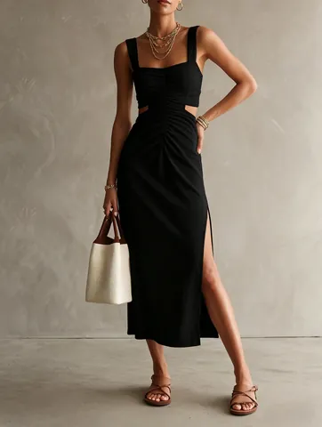 Abito Donna Elegante Con Spalline Vita Increspata Sexy Spacco Laterale Cut Out Midi Abito Per Estate Spiaggia Vacanza Festa Resort