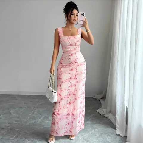 Robe Longue d'Été pour Femmes Imprimé Floral Coupe Ajustée Dos Nu Col Carré Sans Manches Robe en Tricot Sexy Rose Violet