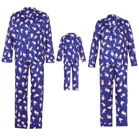 Christmas Polar Bear Print Family Pajama Set Navy Blue Long Sleeve Top And Bottom Matching Sleepwear For Men Women Kids