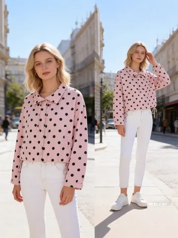 Women Polka Dot Stand Collar Drawstring Jacket 2026 Fashion Casual Single Breasted Long Sleeve Top Outerwear