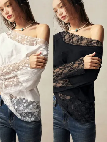Dames Bohemian Off-shoulder T-shirt met Lange Mouwen Elegant Kant Patchwork Polyester Casual Top voor Dames Alle Seizoenen