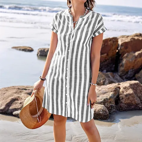 Vestido Camisero Casual a Rayas para Mujer Cuello en V Manga Corta Abotonado Túnica Holgada Algodón Poliéster