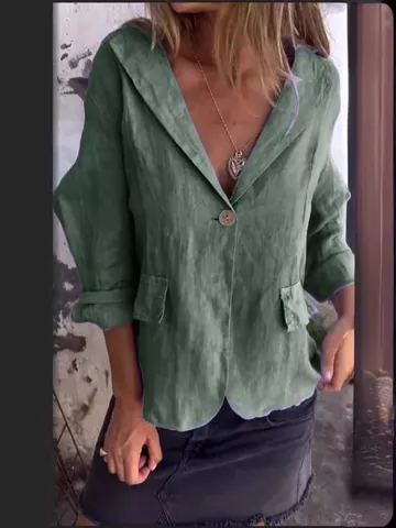 Giacca Blazer Donna in Cotone e Lino Larga Collo a Revers Bottone Singolo Manica Lunga Casual Tinta Unita Capispalla Artistico
