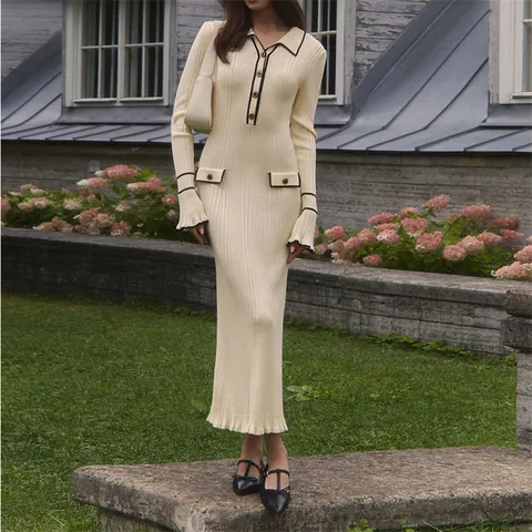 French Style Ruffle Knit Maxi Dress Contrast Trim Lapel Slim Fit Long Sleeve Ribbed Knitted Sweater Dress For Women Autumn