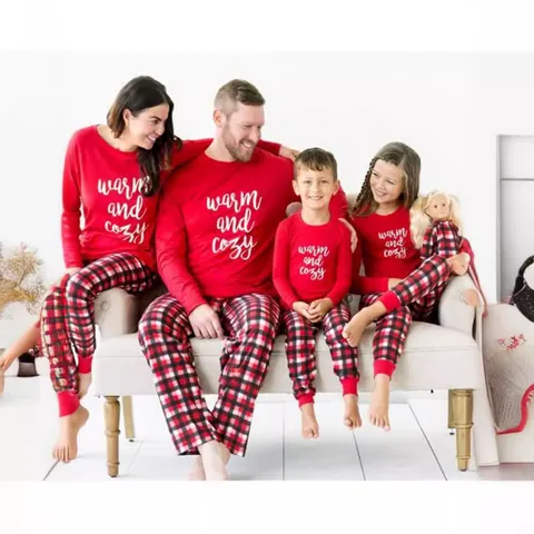 Kerstmis Familie Bijpassende Pyjama Rood Top Lange Mouwen en Geruite Broek Top en Bottom Loungewear Set