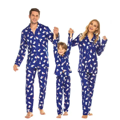 Christmas Polar Bear Print Family Pajama Set Navy Blue Long Sleeve Top And Bottom Matching Sleepwear For Men Women Kids
