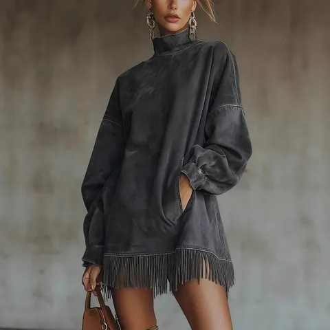 Damen Retro Stehkragen Wildleder Quasten Kleid Lockere Passform Langarm Einfarbig Mini A-Linien Kleid Mit Taschen Bohemian Stil
