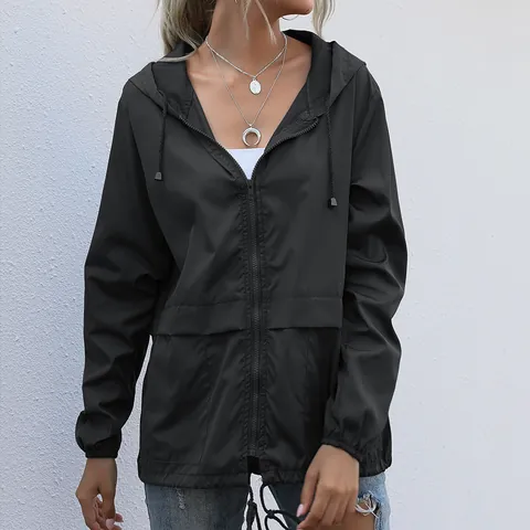Dames Lichtgewicht Jas met Capuchon Outdoor Winddicht Regenjas Trekkoord Taille Ritssluiting Casual Sportief Top