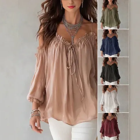Women's Cold Shoulder Blouse Lotus Leaf Collar Ruffle Tie Front Lantern Sleeve Top Polyester Spandex Casual Solid Shirt