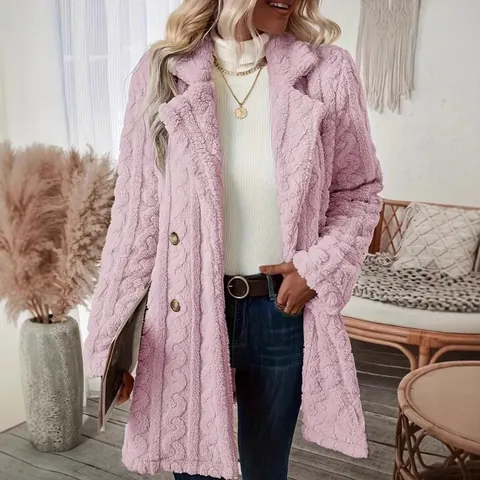 Damen Zweireihig Kunstpelz Mantel Reverskragen Zopfmuster Textur Mittellange Plüschjacke Warme Winteroberbekleidung