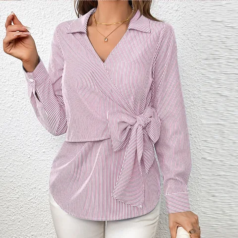 Elegant Vertical Striped Wrap Blouse Women V Neck Long Sleeve Tie Waist Slim Fit Top Office Lady Casual Striped Shirt