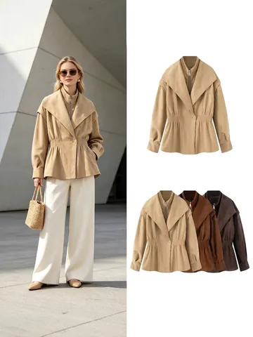 Women Polyester Faux Suede Top Faux Two-Piece Slim Waist Jacket Retro British Style Long Sleeve Outerwear Autumn Chic