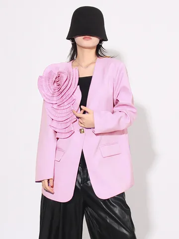 Elegant Dames Polyester 3D Bloemen Applique Blazer Slim Fit Eén Knop V-hals Lange Mouw Woon-werkverkeer Kantoor Jas Top