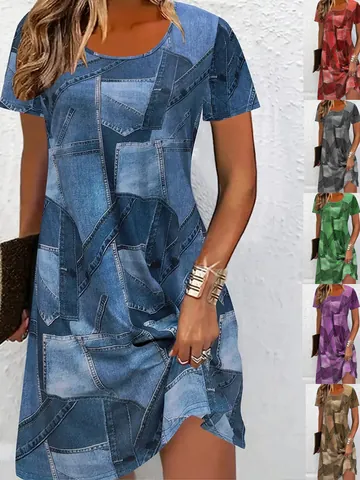 Women Plus Size Summer Denim Print Patchwork Short Sleeve Midi Dress Casual Loose T-Shirt Dress Fashion Streetwear Dress