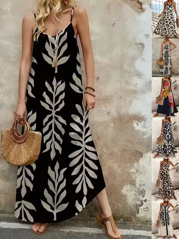 Vestido Maxi Bohemio de Tirantes Finos para Mujer Cuello en V Estampado de Hojas Poliéster Vestido Largo Sin Mangas de Playa