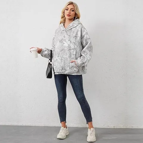 Damen Oversized Marmor Print Hoodie Polyester Langarm Pullover Herbst Winter Lässig Blattmuster Kapuzenpullover Mit Tasche