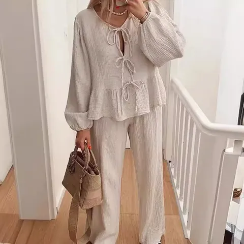 Ensemble Haut et Bas pour Femmes Manches Lanternes Lacets Décontracté Crêpe de Polyester Pantalon Large Imprimé Léopard