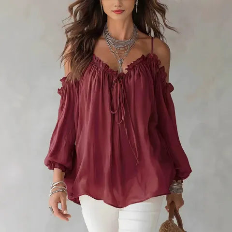 Women's Cold Shoulder Blouse Lotus Leaf Collar Ruffle Tie Front Lantern Sleeve Top Polyester Spandex Casual Solid Shirt